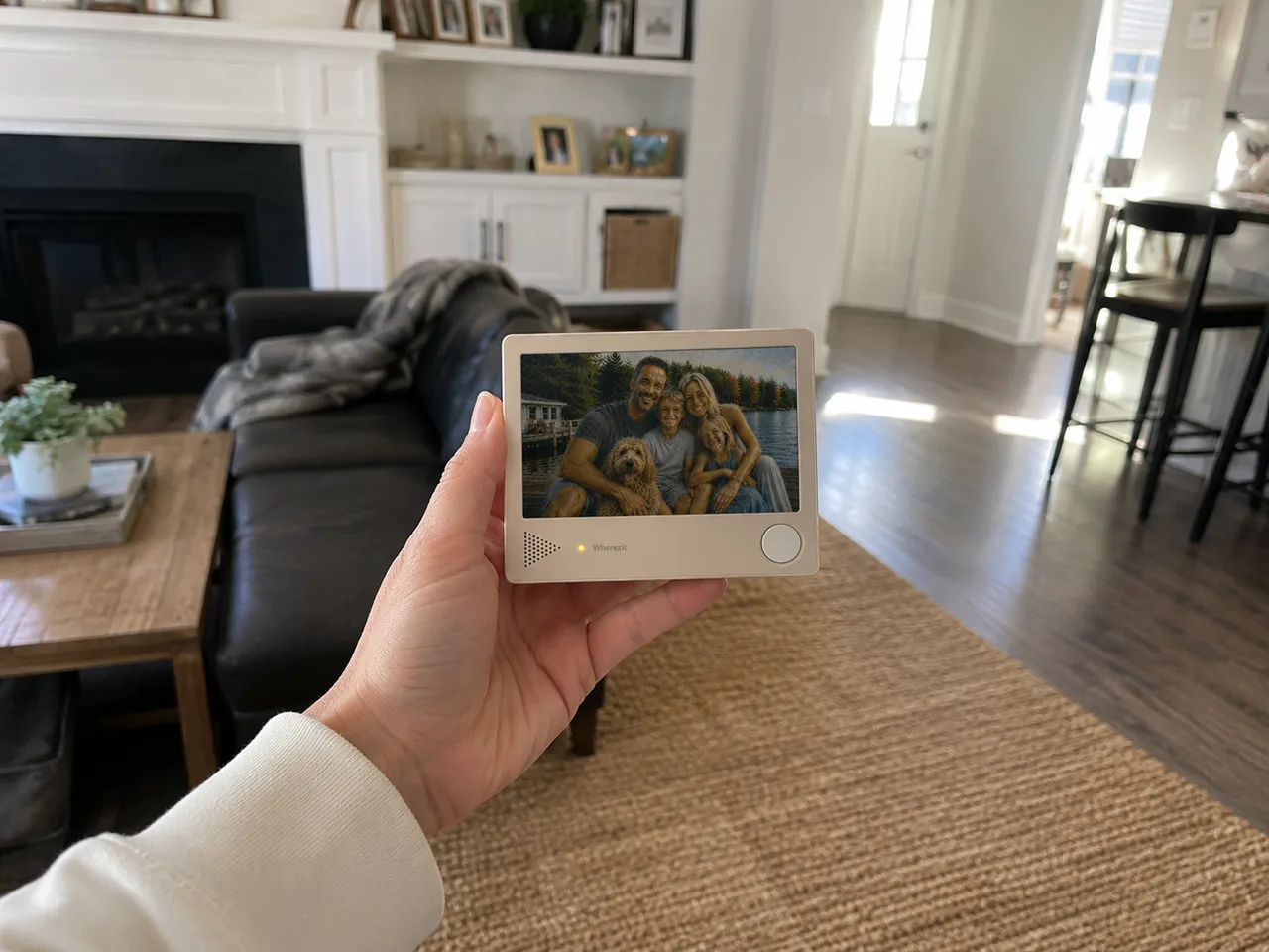 A hand holding the Wherezit device, showing its size against the palm, with a blurred living room behind.