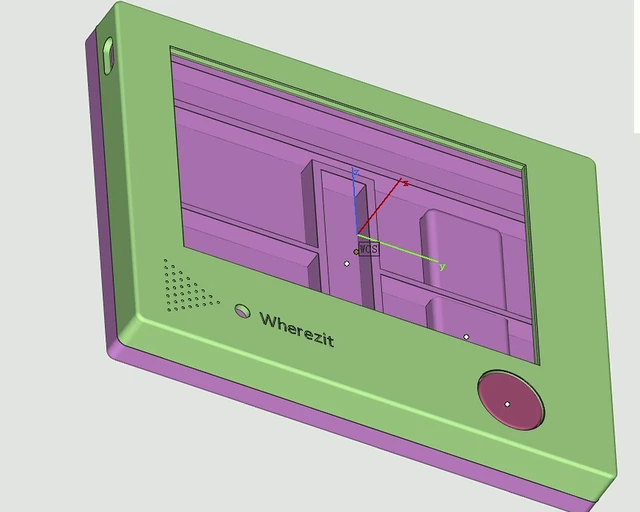 A CAD model of the Wherezit enclosure, shown at an angle.
