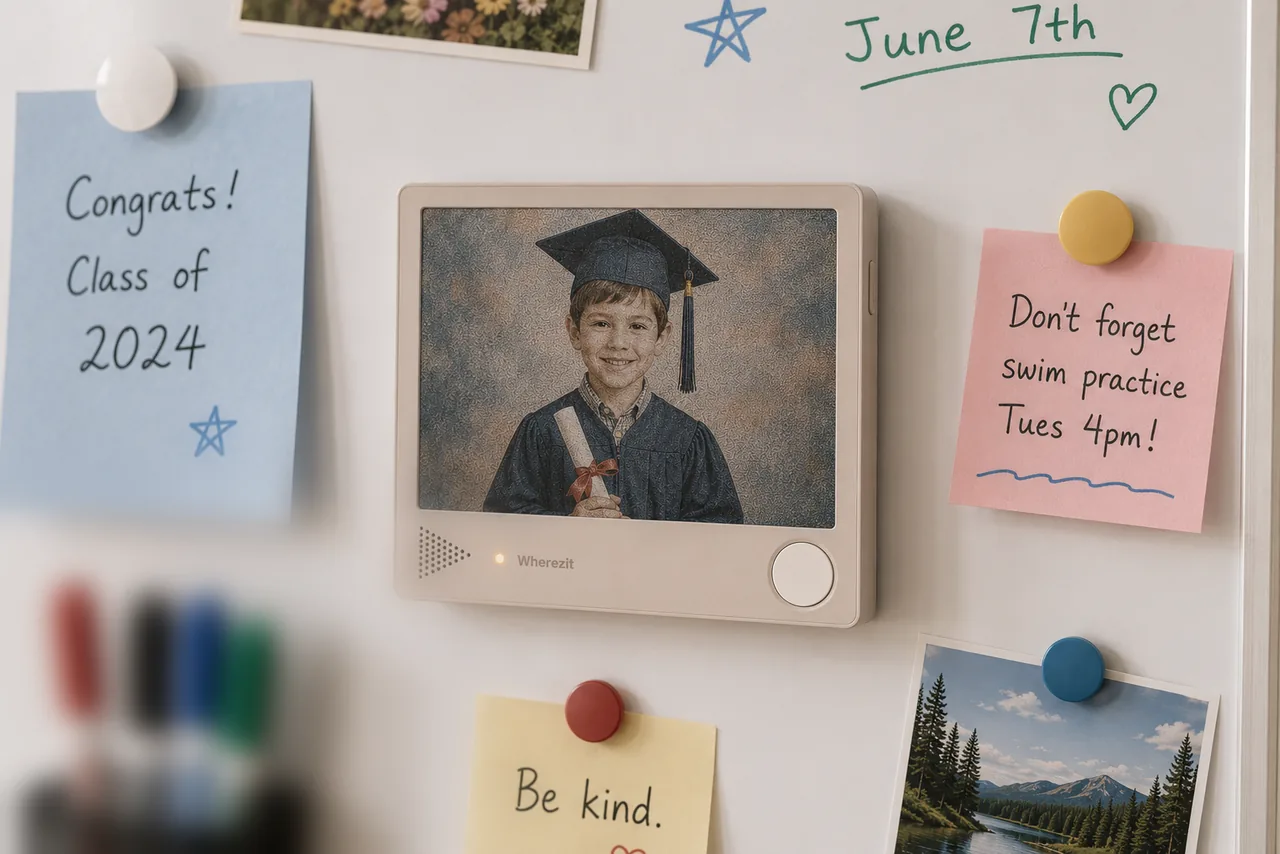 The same device on a family whiteboard, surrounded by pinned notes and children&rsquo;s drawings.