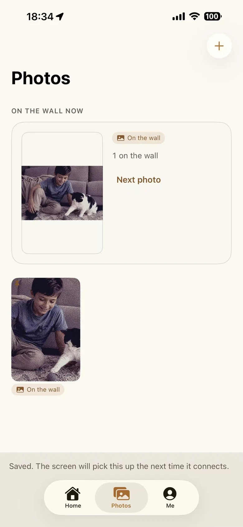 iPhone screenshot of the Wherezit app photos screen: the example photo currently on the wall and the ones queued next.